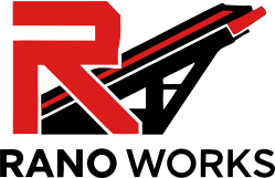 ranoworks A large red letter "R" with a red line extending diagonally upward through the right side, alongside the text "ROCKET LEAGUE GARAGE," resembling the precision seen in top screening machinery or industrial screeners.