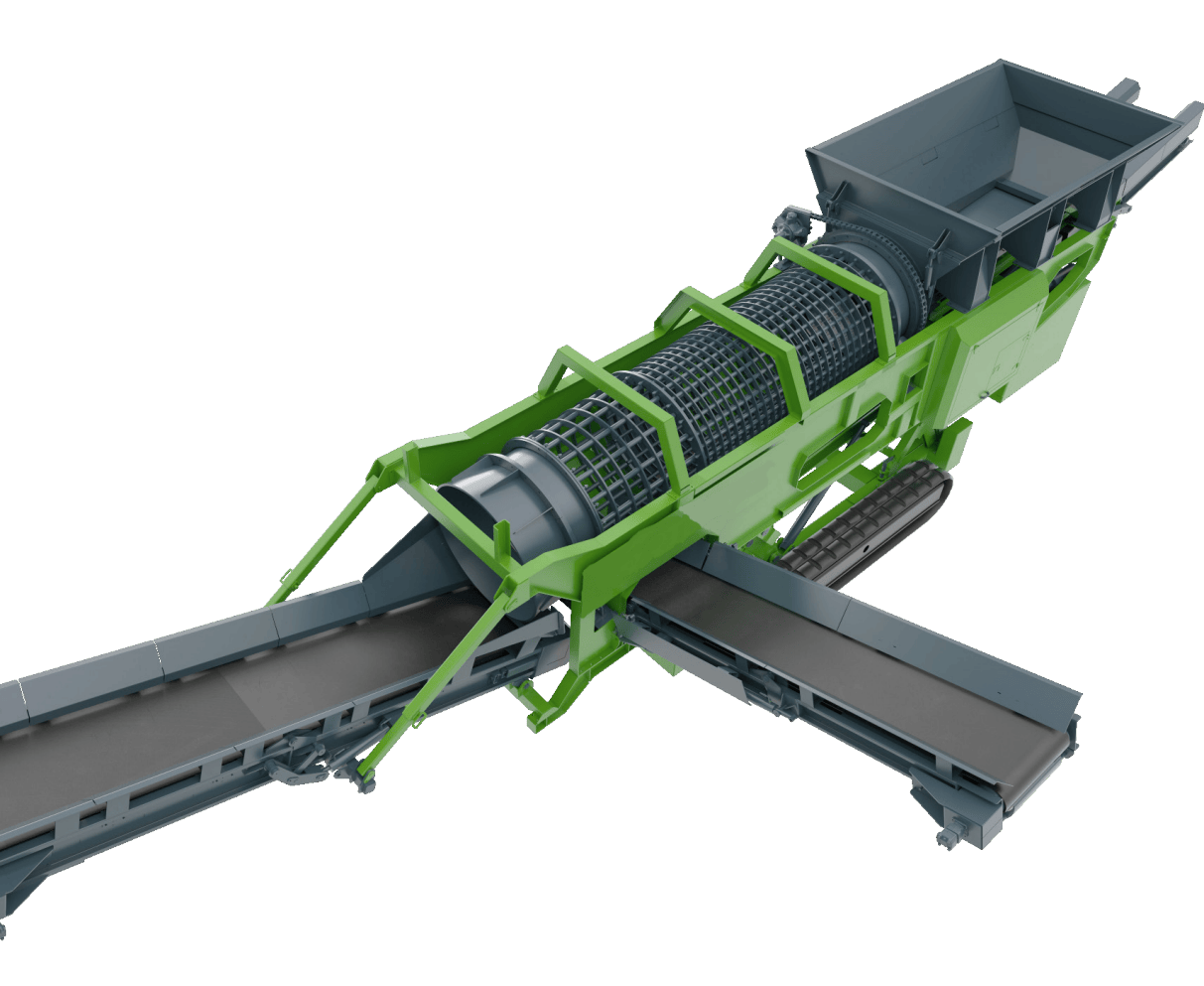 ranoworks Industrial trommel screen machine by Ranoworks with a green and gray metal frame, large rotating drum, and conveyor belts for efficient material sorting—ideal for those seeking durable screeners and reliable trommels.